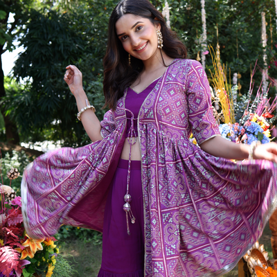 Geometric Purple Elegance Printed Satin Sharara Set