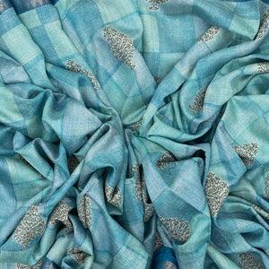 Light Blue Handloom Tussar Silk Saree Printed With Checks & Floral Motifs