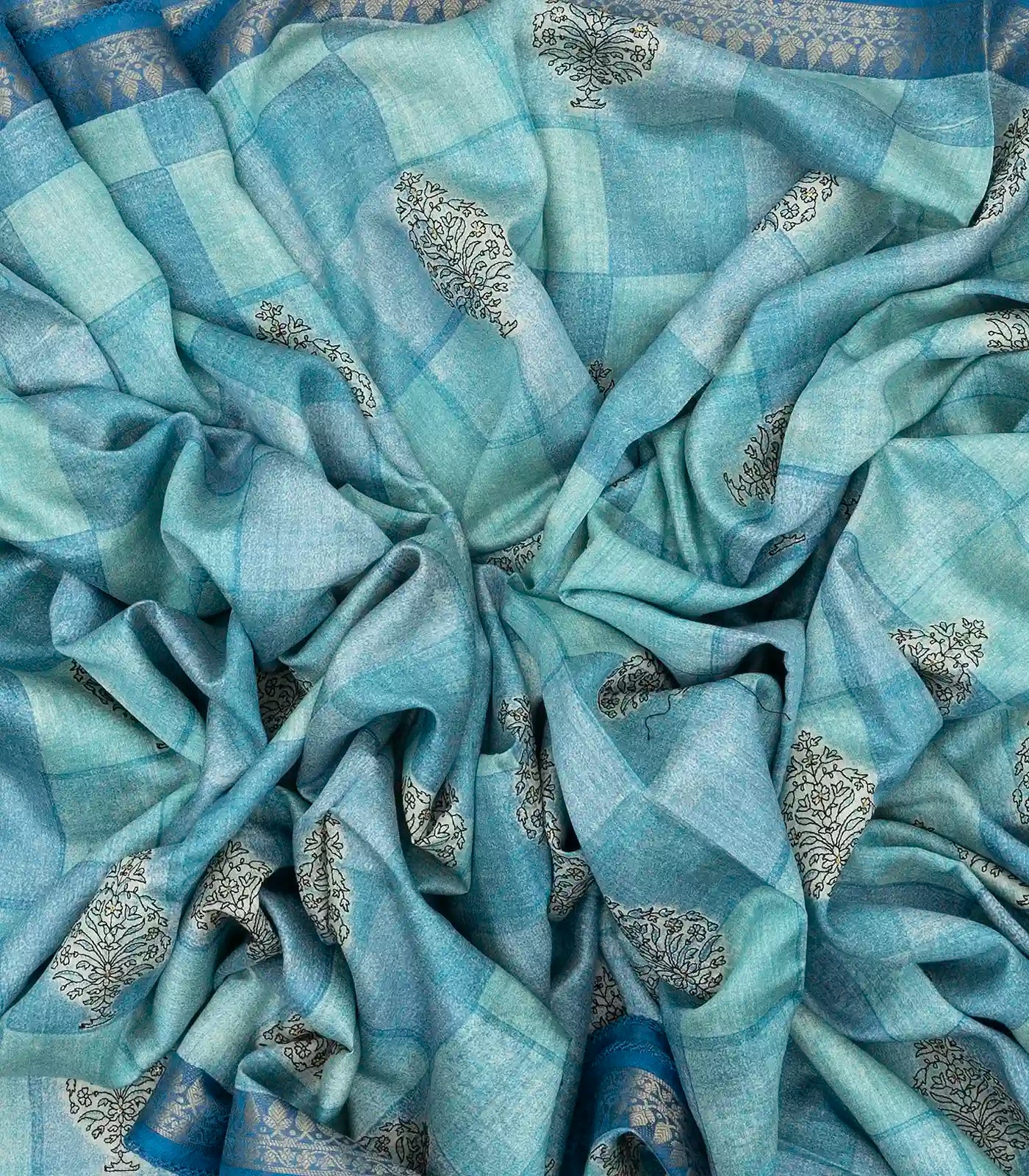 Light Blue Handloom Tussar Silk Saree Printed With Checks & Floral Motifs