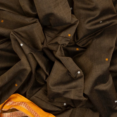 Dark Grey Handloom Orissa Cotton Saree With Mustard Tie & Dye Motifs