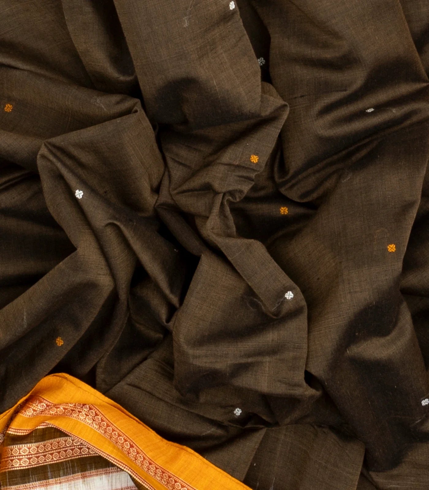 Dark Grey Handloom Orissa Cotton Saree With Mustard Tie & Dye Motifs