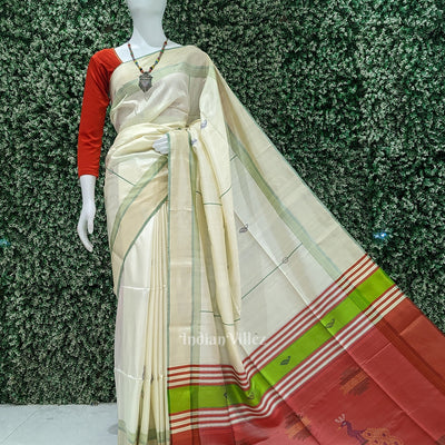 Off White Red Pure Bishnupuri Silk Saree