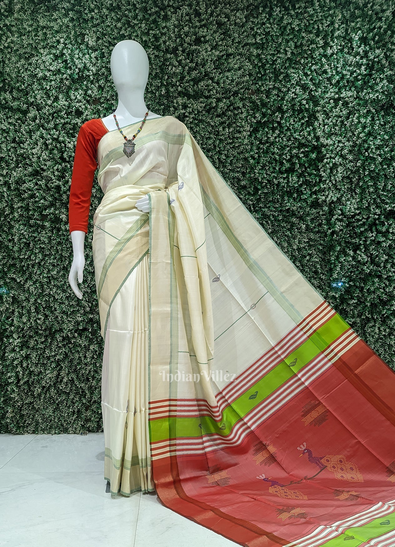 Off White Red Pure Bishnupuri Silk Saree