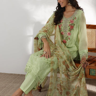 Green Embroidered Organza Straight Suit With Dupatta