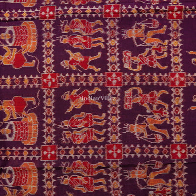 Purple Tribal Village Theme Sambalpuri Ikat Cotton Fabric