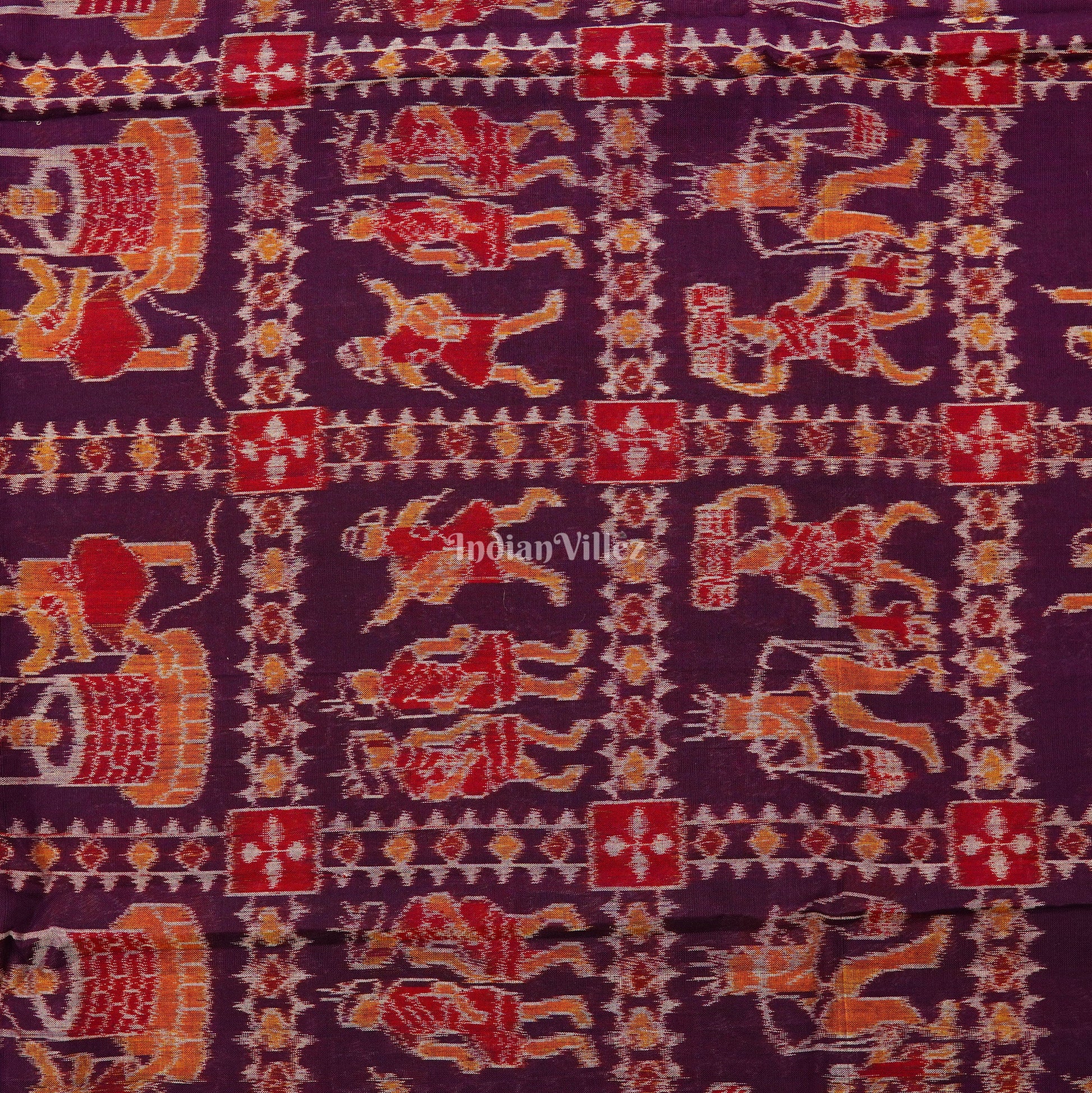 Purple Tribal Village Theme Sambalpuri Ikat Cotton Fabric