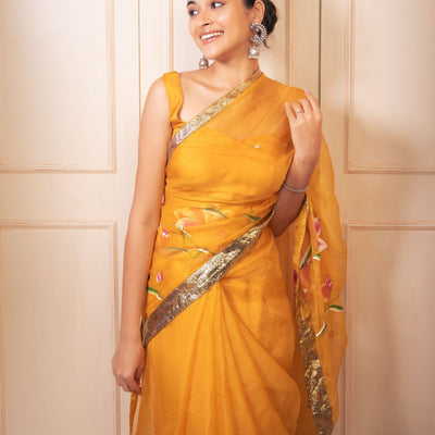 Surya Handpainted Gota Pure Organza Saree
