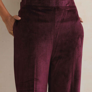 trueBrowns Purple Velvet Geometric Embroidered Kurta Pant Dupatta Set