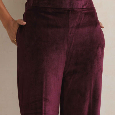 trueBrowns Purple Velvet Geometric Embroidered Kurta Pant Dupatta Set