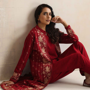 trueBrowns Red Kashmiri Woollen Jacket 3pc Set