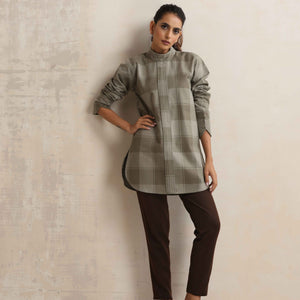 trueBrowns Green Check High Neck Short Kurta