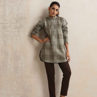 trueBrowns Green Check High Neck Short Kurta