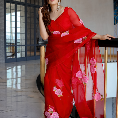 Red Old Love Embellished Handpainted Organza Silk Saree