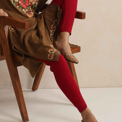 trueBrowns Brown Kashmiri Floral Embroidered Woollen Phiran Kurta