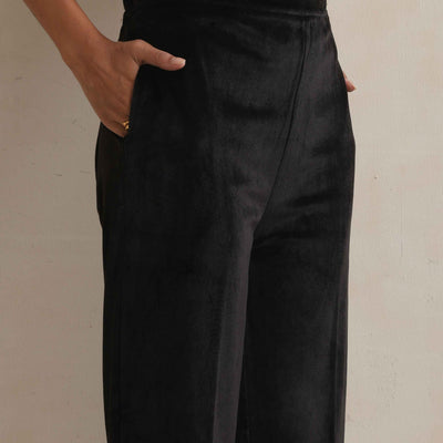trueBrowns Black Velvet Geometric Embroidered Kurta Pant Dupatta Set