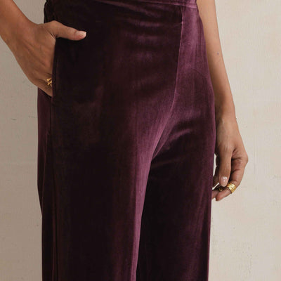 trueBrowns Purple Velvet Floral Embroidered Kurta Pant Dupatta Set