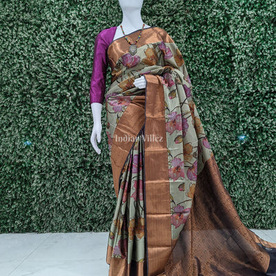 Light Green Floral Digital Print Kanjivaram Silk Saree