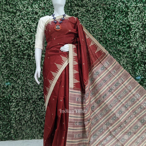 Maroon Red Cream Hazar Buti Bomkai Tussar Silk Saree with Sarabandha Anchal