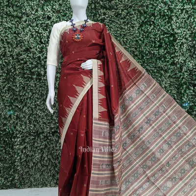 Maroon Red Cream Hazar Buti Bomkai Tussar Silk Saree with Sarabandha Anchal