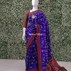 Blue Village Tribal Theme Contemporary Odisha Handloom Silk Saree