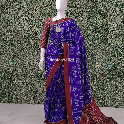 Blue Village Tribal Theme Contemporary Odisha Handloom Silk Saree