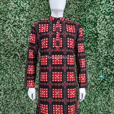 Black Red Pasapali Design Sambalpuri Ikat Cotton Long Kurta For Men