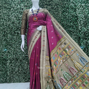 Magenta Pink Shree Mandir Theme Bomkai Sambalpuri Ikat Silk Saree