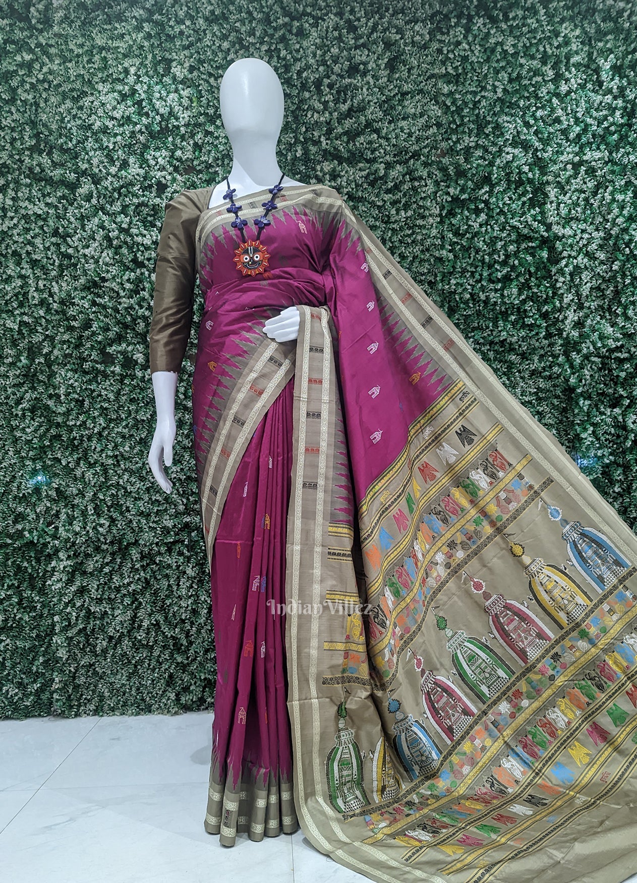Magenta Pink Shree Mandir Theme Bomkai Sambalpuri Ikat Silk Saree