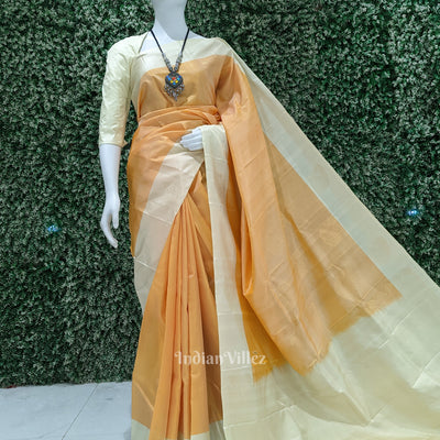 Light Orange With Peach Pure Kanjivaram Soft Silk Saree