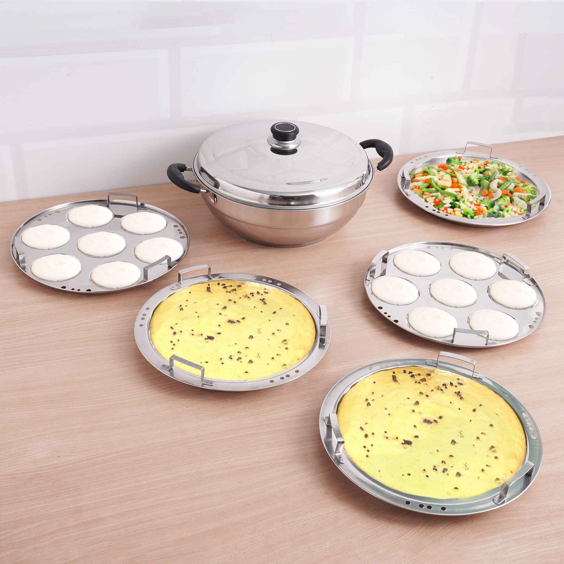 Tri-Steel Premium Stainless Steel Idli/ Dhokla/ Momo Maker/ Multi Pot/ Veg Steaming Set, Tri-ply Induction Bottom, 7 pit, 5 Plates, 4.2L, 2.5kg