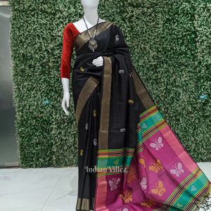 Black Maroon Butterfly Design Pure Bishnupuri Silk Saree