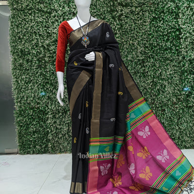 Black Maroon Butterfly Design Pure Bishnupuri Silk Saree