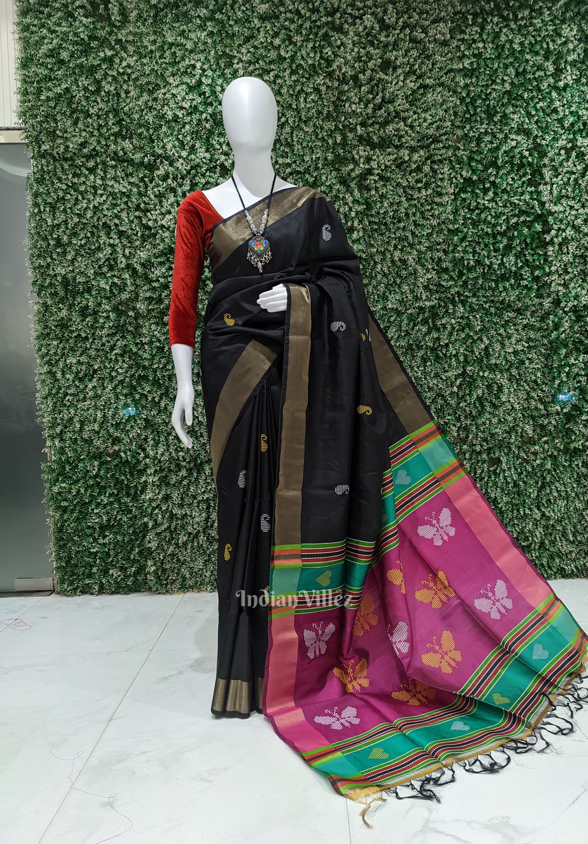 Black Maroon Butterfly Design Pure Bishnupuri Silk Saree