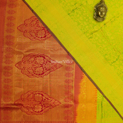Parrot Green Golden Body Work Pure Kanjivaram Silk Saree