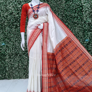 White Red Bomkai Sambalpuri Silk Saree