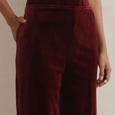 trueBrowns Maroon Velvet Embroidered Kurta Pant Dupatta Set