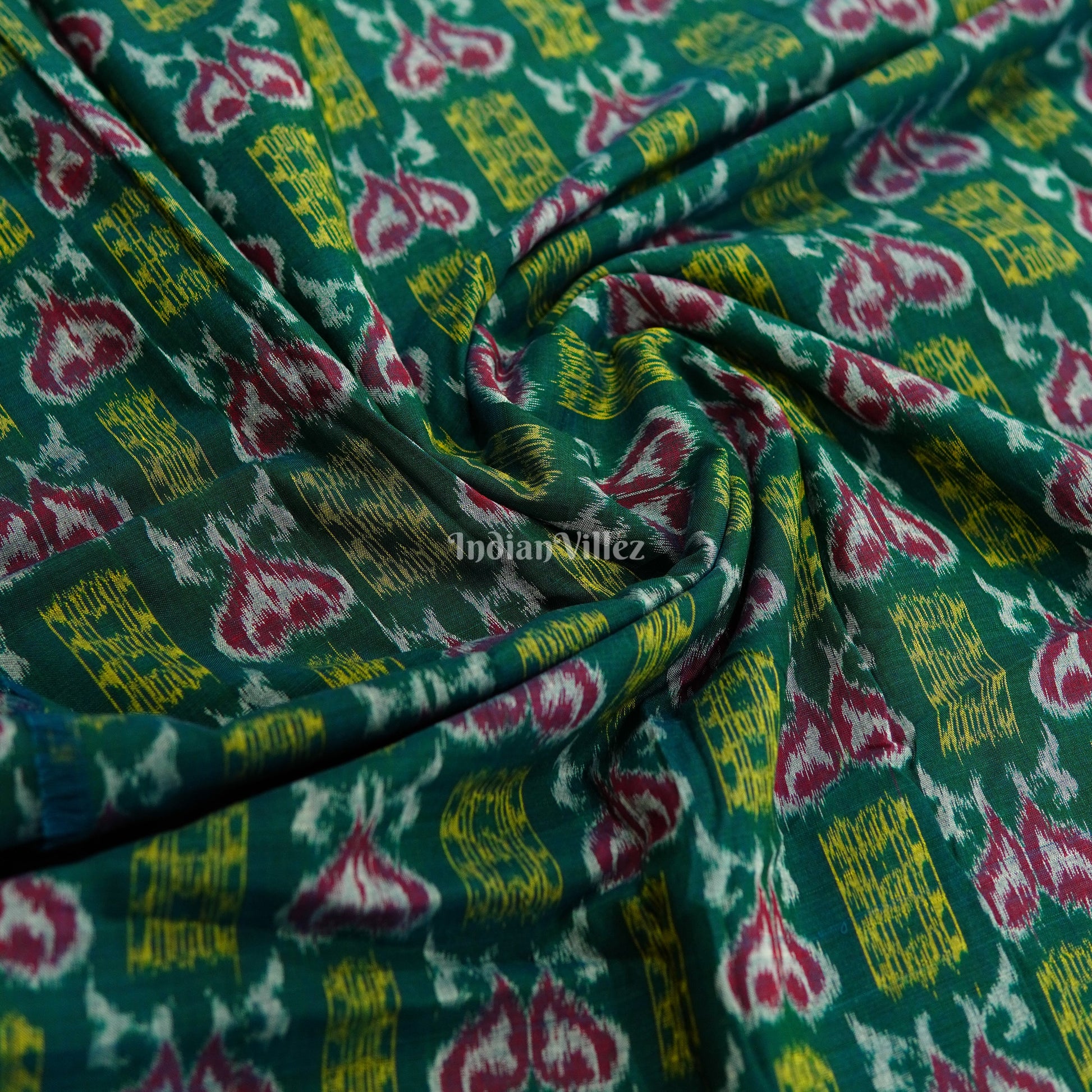 Dark Green Fish Theme Odisha Ikat Cotton Fabric