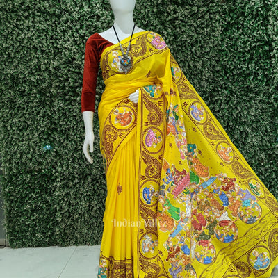 Yellow Kandarpa Rath Hand-painted Pattachitra Saree