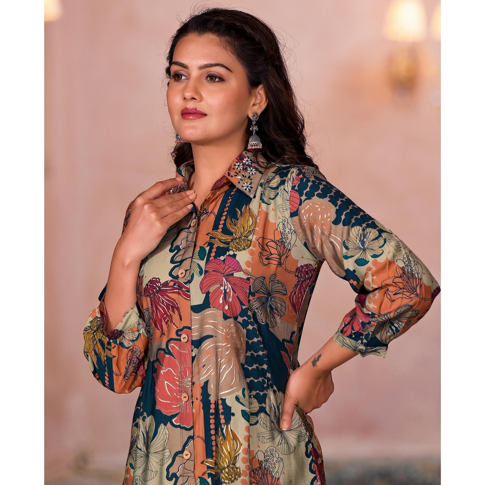 green-floral-printed-chanderi-silk-a-line-dress