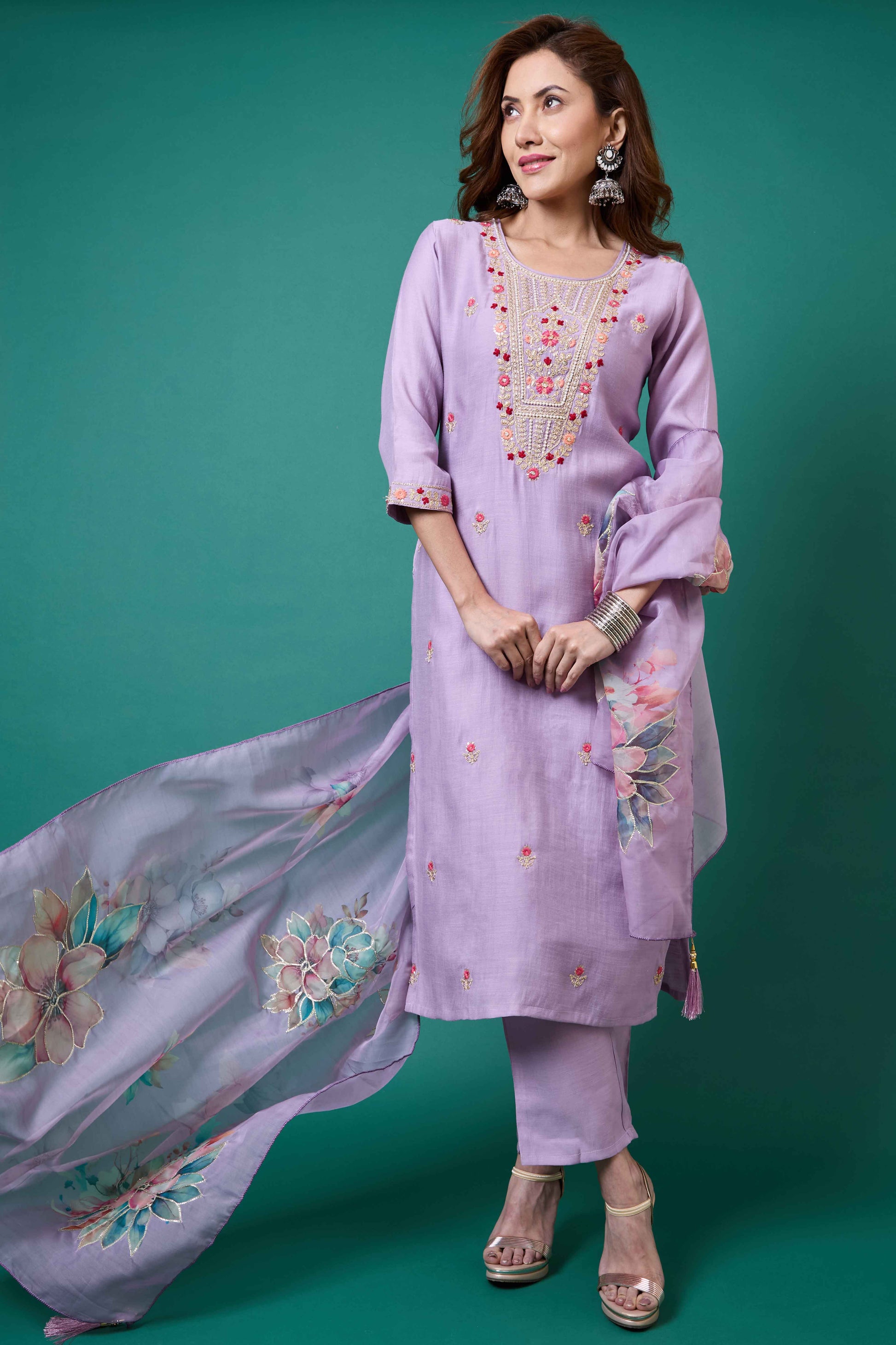 Lavender Handwork Embroidered Viscose Straight Salwar Suit