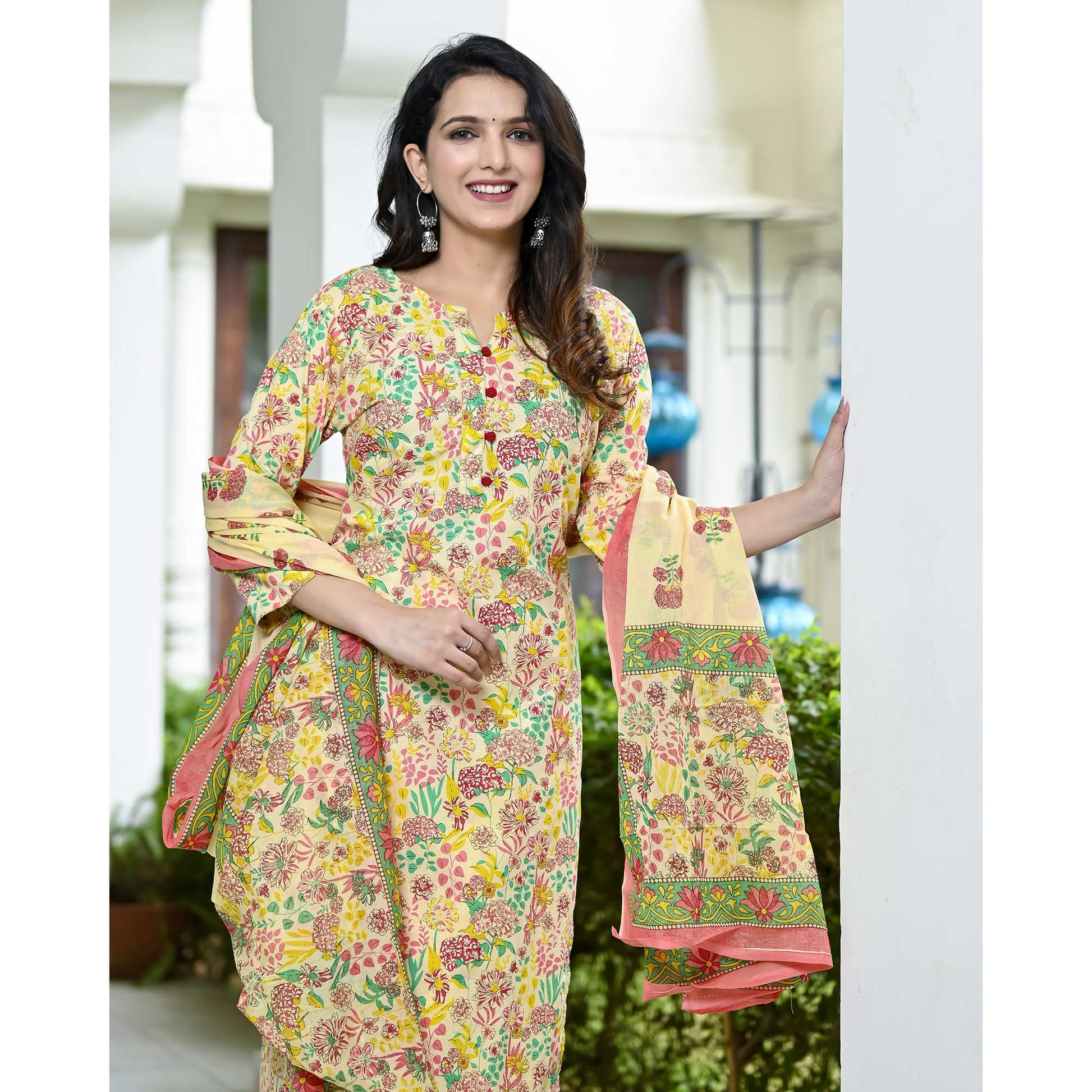 Cream Floral Printed Pure Cotton Salwar Suit
