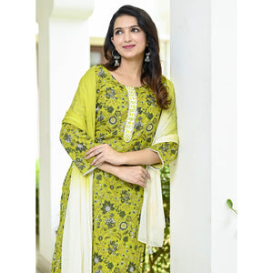 Lemon Green Floral Printed Pure Cotton Suit