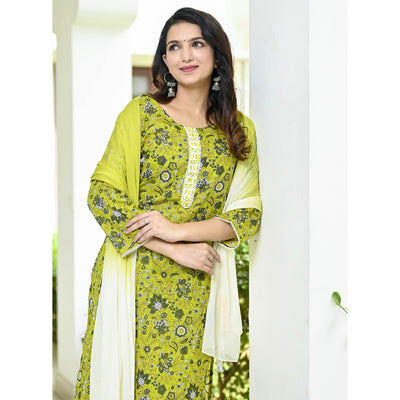 Lemon Green Floral Printed Pure Cotton Suit