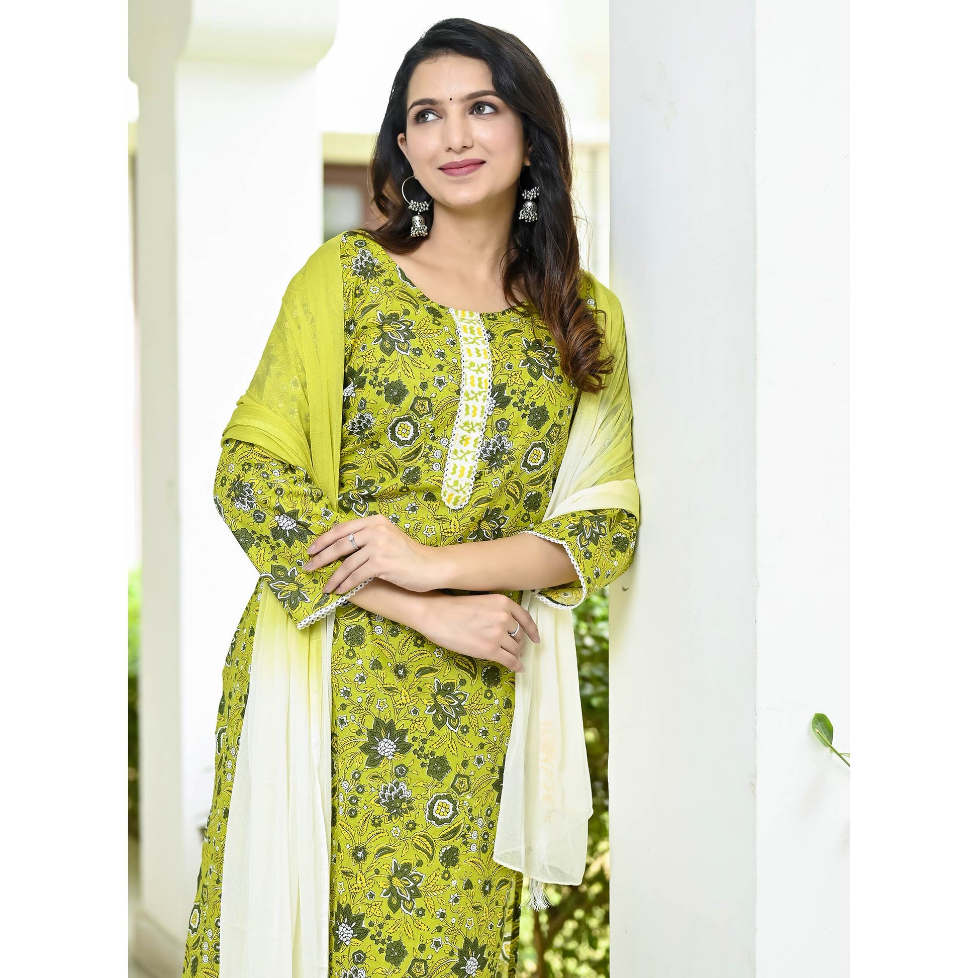 Lemon Green Floral Printed Pure Cotton Suit