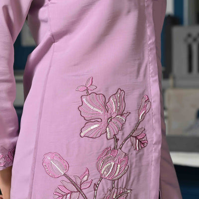 Mauve Floral Hand Work Embroidered Chanderi Co-Ord Set