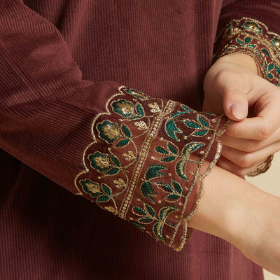 Brown Embroidered Velvet A-Line Top Bottom Set
