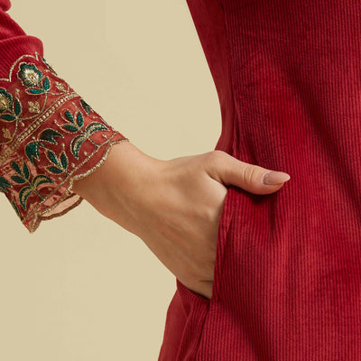 Maroon Embroidered Velvet A-Line Top Bottom Set