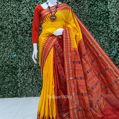 Red Yellow Patil Design Bomkai Sambalpuri Silk Saree