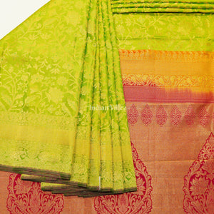 Parrot Green Golden Body Work Pure Kanjivaram Silk Saree
