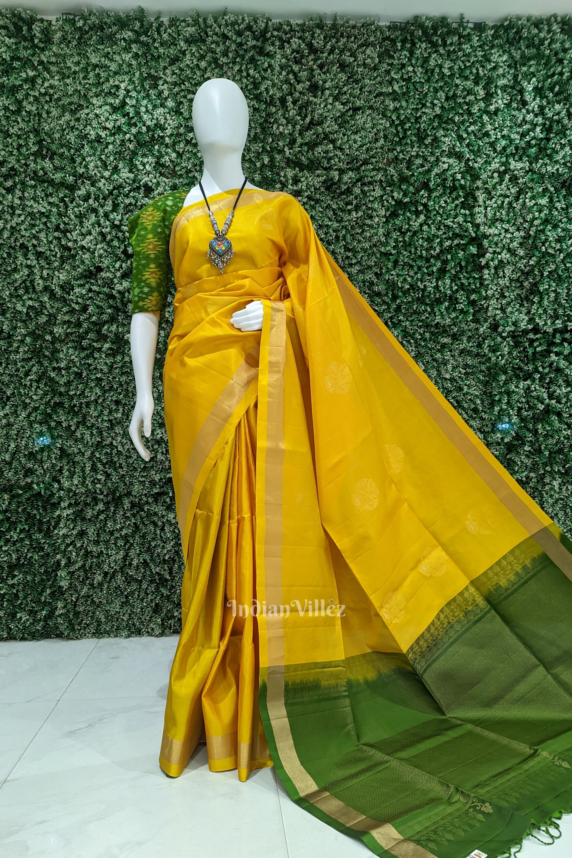 Golden Yellow With Green Pure Kanjivaram Soft Silk Saree